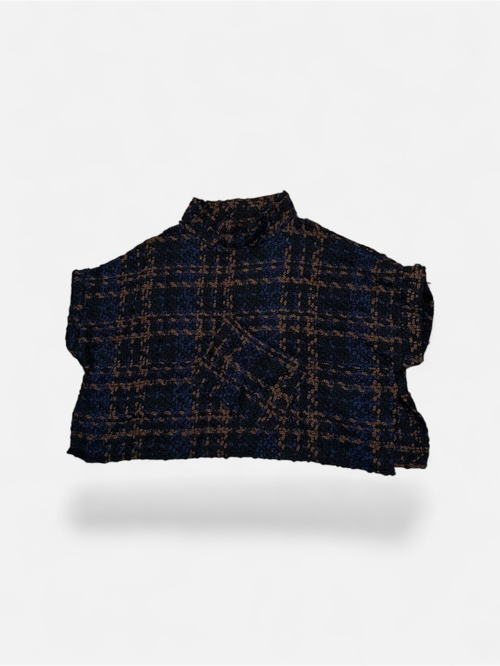 Coco + Carmen Navy and Brown Plaid Oversized Mock Neck Poncho Sweater
